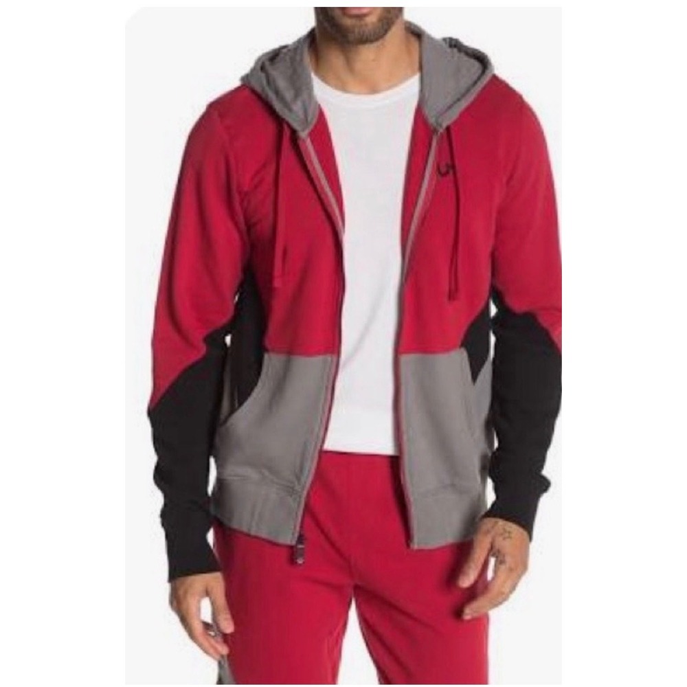 True Religion Mens Colorblock Full Zip Hoodie Red Grey Black TRUE RLGN Size M
